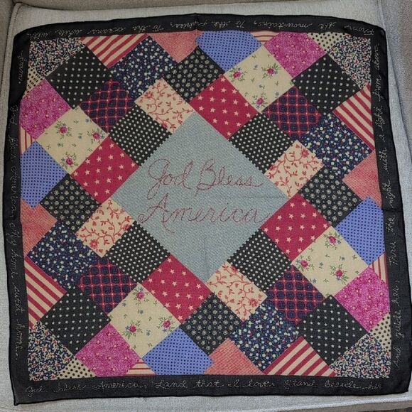 Patriotic Patchwork Square Scarf 'God Bless America'  Vintage - Picture 1 of 9